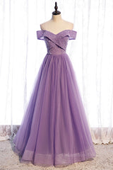 Evening Dress For Party, Lavender Folded Off-the-Shoulder Beaded Tulle Maxi Formal Dress