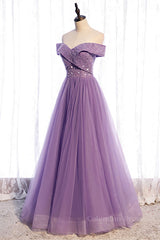 Evening Dress For Weddings, Lavender Folded Off-the-Shoulder Beaded Tulle Maxi Formal Dress