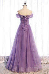 Evening Dress For Wedding, Lavender Folded Off-the-Shoulder Beaded Tulle Maxi Formal Dress
