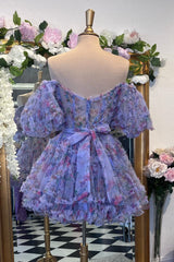 Bridesmaids Dresses Websites, Lavender & Fuchsia Off-the-Shoulder Ruffles Homecoming Dress