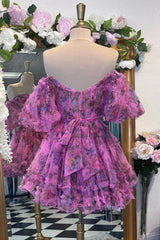 Bridesmaid Dress Websites, Lavender & Fuchsia Off-the-Shoulder Ruffles Homecoming Dress
