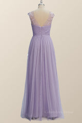 Dress Casual, Lavender Illusion Scoop Lace Appliques A-line Bridesmaid Dress