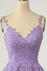 Bridesmaids Dress Style, Lavender Lace Appliques Princess A-line Short Prom Dress