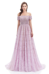 Formal Dress Lace, Lavender Lace Off the Shoulder Beaded Sequins Sweep-Train A-Line Prom Dresses