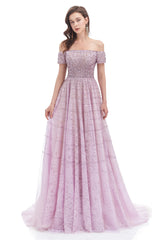 Formal Dresses Ballgown, Lavender Lace Off the Shoulder Beaded Sequins Sweep-Train A-Line Prom Dresses