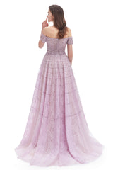 Formal Dress Party Wear, Lavender Lace Off the Shoulder Beaded Sequins Sweep-Train A-Line Prom Dresses