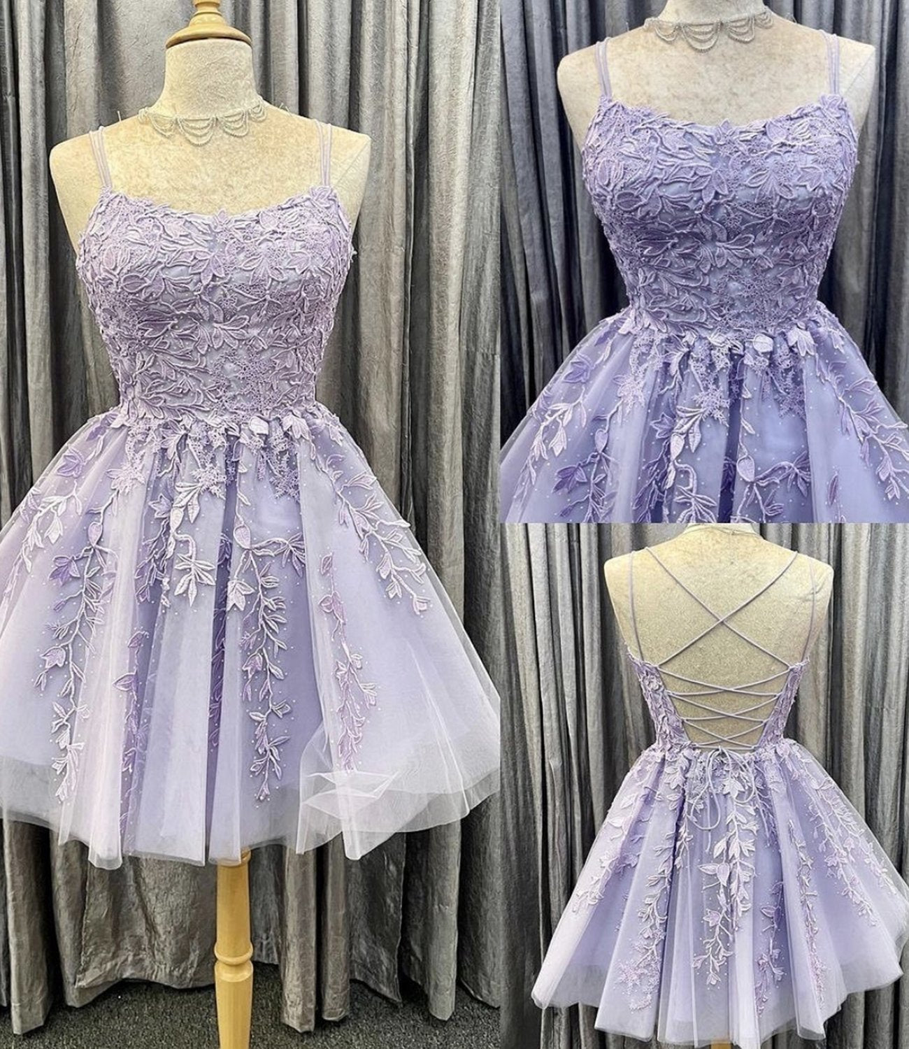 Bridesmaids Dresses By Color, Lavender Lace Short A line Homecoming Dress Fancy Cocktail Dresses
