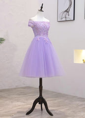 Bridesmaid Dresses Gowns, Lavender Lace Shoulder Short Cocktail Dresses A-line