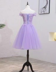 Bridesmaid Dresses Summer, Lavender Lace Shoulder Short Cocktail Dresses A-line