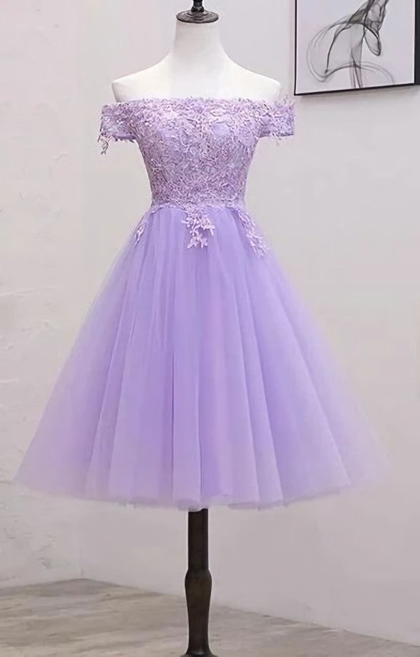 Bridesmaid Dresses Spring, Lavender Lace Shoulder Short Cocktail Dresses A-line