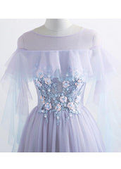 Unique Wedding Ideas, Lavender Off Shoulder Flower Lace Long Party Dress, A-line Purple Prom Dress Formal Dress