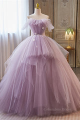 Prom Dress Corset Ball Gown, Lavender Ruffled Strapless Floral Applique Long Prom Dress with Pearl Sash