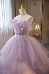 Prom Dress Fairy, Lavender Ruffled Strapless Floral Applique Long Prom Dress with Pearl Sash