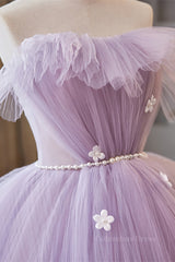 Prom Dress Styling Hair, Lavender Ruffled Strapless Floral Applique Long Prom Dress with Pearl Sash