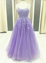 Evening Dress Formal, Lavender Spaghetti-Straps Lace Appliques Tulle Floor Length, Lavender A-Line Prom Dress