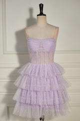 Prom Dresses Blushes, Lavender Strapless Dot Tulle Multi-Layers Homecoming Dress