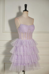Prom Dresses 2024 Long Sleeve, Lavender Strapless Dot Tulle Multi-Layers Homecoming Dress