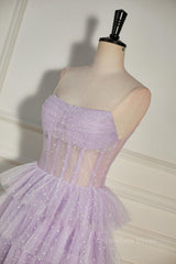 Prom Dresses Blue Lace, Lavender Strapless Dot Tulle Multi-Layers Homecoming Dress