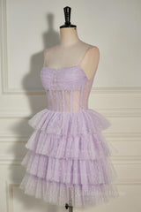 Prom Dress Blue Lace, Lavender Strapless Dot Tulle Multi-Layers Homecoming Dress