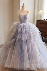Black Dress, Lavender Straps A-line Ruffle Layers Long Prom Dress