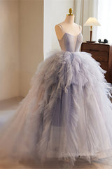 Prom Dresses For Kids, Lavender Straps A-line Ruffle Layers Long Prom Dress