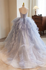 Pink Prom Dress, Lavender Straps A-line Ruffle Layers Long Prom Dress