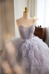 Red Dress, Lavender Straps A-line Ruffle Layers Long Prom Dress