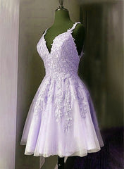 Evening Dresses Off The Shoulder, Lavender Tulle Short Straps Party Dress Homecoming Dress, Tulle Short Prom Dress