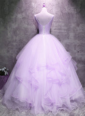 Classy Dress Outfit, Lavender Tulle with Flowers Ball Gown Sweet 16 Dress, Lavender Long Formal Dress