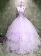 Party Dress For Couple, Lavender Tulle with Flowers Ball Gown Sweet 16 Dress, Lavender Long Formal Dress