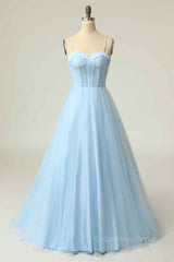 Party Dresses Design, Light Blue A-line Boning Adjustable Spaghetti Straps Tulle Long Prom Dress