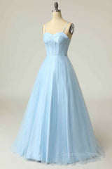 Party Dresses Designs, Light Blue A-line Boning Adjustable Spaghetti Straps Tulle Long Prom Dress