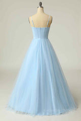 Party Dresses Teens, Light Blue A-line Boning Adjustable Spaghetti Straps Tulle Long Prom Dress