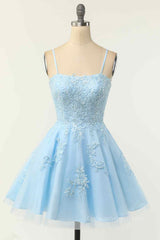 Strapless Prom Dress, Light Blue A-line Spaghetti Straps Lace-Up Back Applique Mini Homecoming Dress
