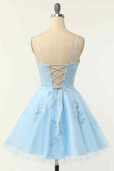 Backless Dress, Light Blue A-line Spaghetti Straps Lace-Up Back Applique Mini Homecoming Dress