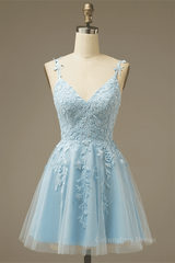Formal Dresses Long Blue, Light Blue A-line V Neck Appliques Tulle Mini Homecoming Dress