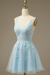 Formal Dress For Party Wear, Light Blue A-line V Neck Appliques Tulle Mini Homecoming Dress