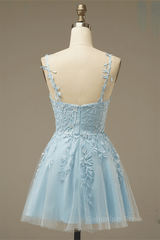 Formal Dresses Australia, Light Blue A-line V Neck Appliques Tulle Mini Homecoming Dress