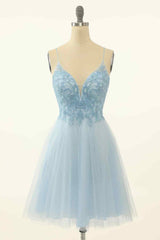 Formal Dress Elegant Classy, Light Blue A-line V Neck Beading-Embroidered Tulle Mini Homecoming Dress