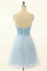 Formal Dress Short, Light Blue A-line V Neck Beading-Embroidered Tulle Mini Homecoming Dress