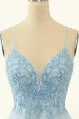 Formals Dresses Short, Light Blue A-line V Neck Beading-Embroidered Tulle Mini Homecoming Dress