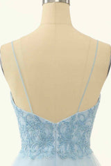 Formall Dresses Short, Light Blue A-line V Neck Beading-Embroidered Tulle Mini Homecoming Dress