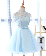 Homecoming Dresses Elegant, Light Blue Applique Short Prom Dress, Blue Homecoming Dress