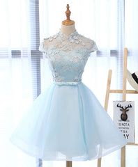 Homecoming Dress Elegant, Light Blue Applique Short Prom Dress, Blue Homecoming Dress