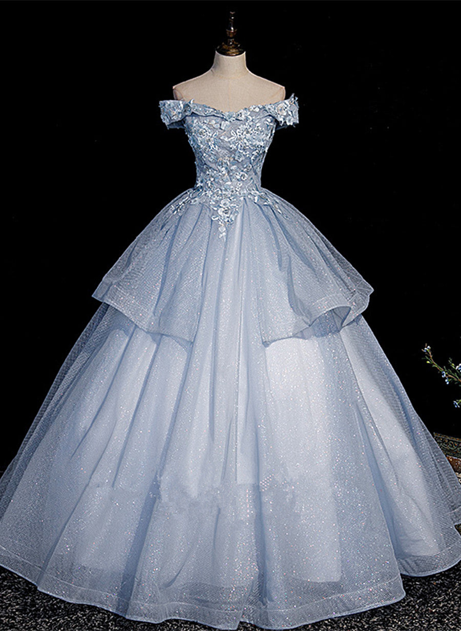 Formal Dress Gowns, Light Blue Ball Gown Tulle with Lace Formal Dress, Blue Sweet 16 Dresses