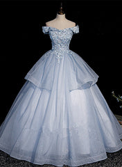 Formal Dress Gowns, Light Blue Ball Gown Tulle with Lace Formal Dress, Blue Sweet 16 Dresses