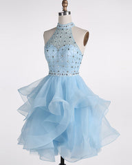 Red Carpet Dress, Light Blue Beaded Layers Knee Length Party Dress, Blue Homecoming Dress Short Prom Dress