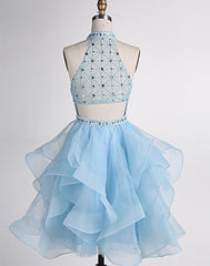 Sweet 24 Dress, Light Blue Beaded Layers Knee Length Party Dress, Blue Homecoming Dress Short Prom Dress