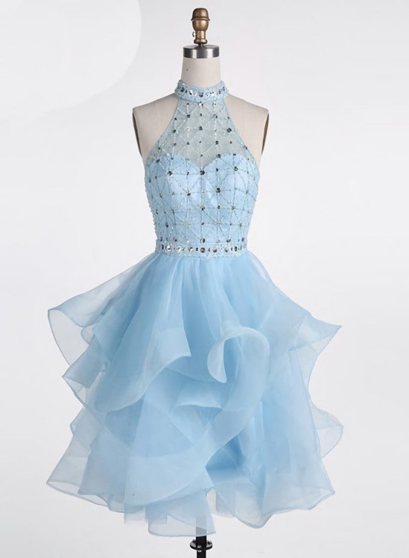 Corset Dress, Light Blue Beaded Layers Knee Length Party Dress, Blue Homecoming Dress Short Prom Dress