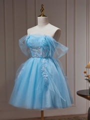 Wedding Theme, Light Blue Beaded Sweetheart Tulle Lace-up Party Dress, Blue Short Homecoming Dress